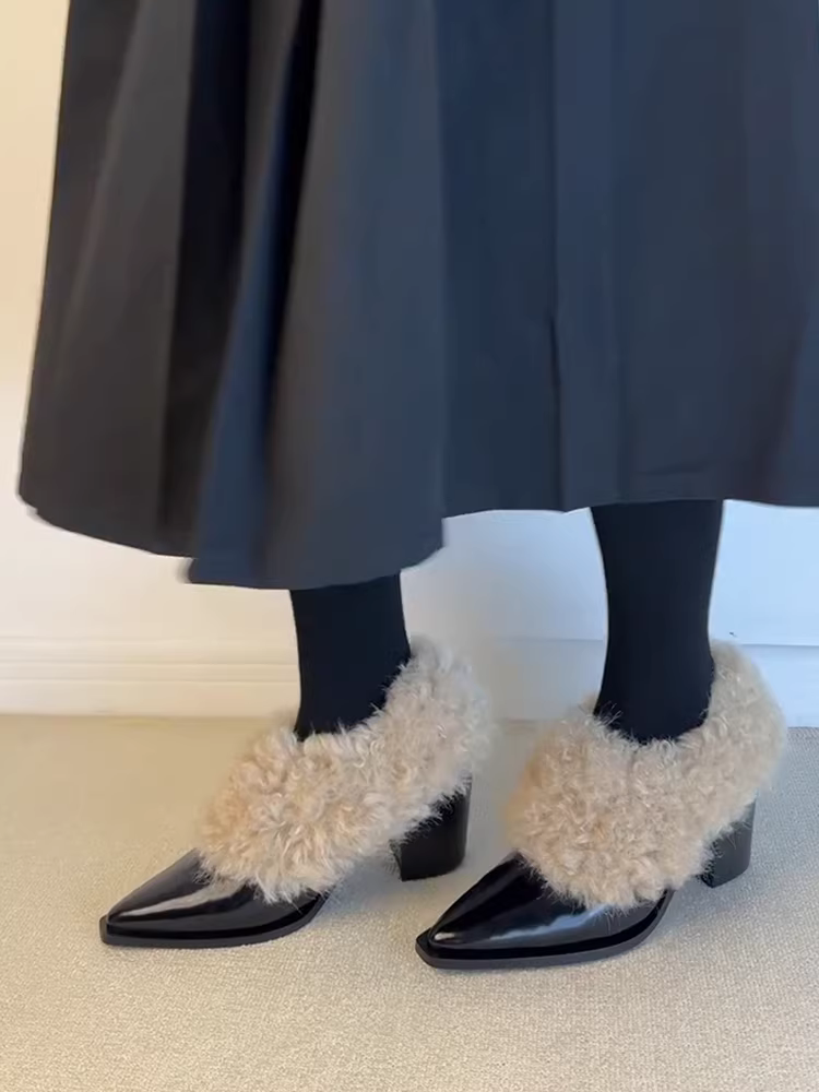 Phiên bản da cừu ~ Giày lông thú đa năng mùa thu đông dành cho nữ, giày cotton ấm áp có lót lông cừu kiểu cổ điển, giày đơn cao gót mũi nhọn