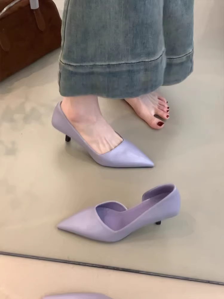 Phiên bản da cừu ~ Giày cao gót mũi nhọn, kiểu dáng thanh lịch, xẻ bên, dành cho nữ, kiểu Pháp, chất liệu da thật, kiểu dáng thấp, dễ mang, gót nhọn, thích hợp đi ngoài trời.