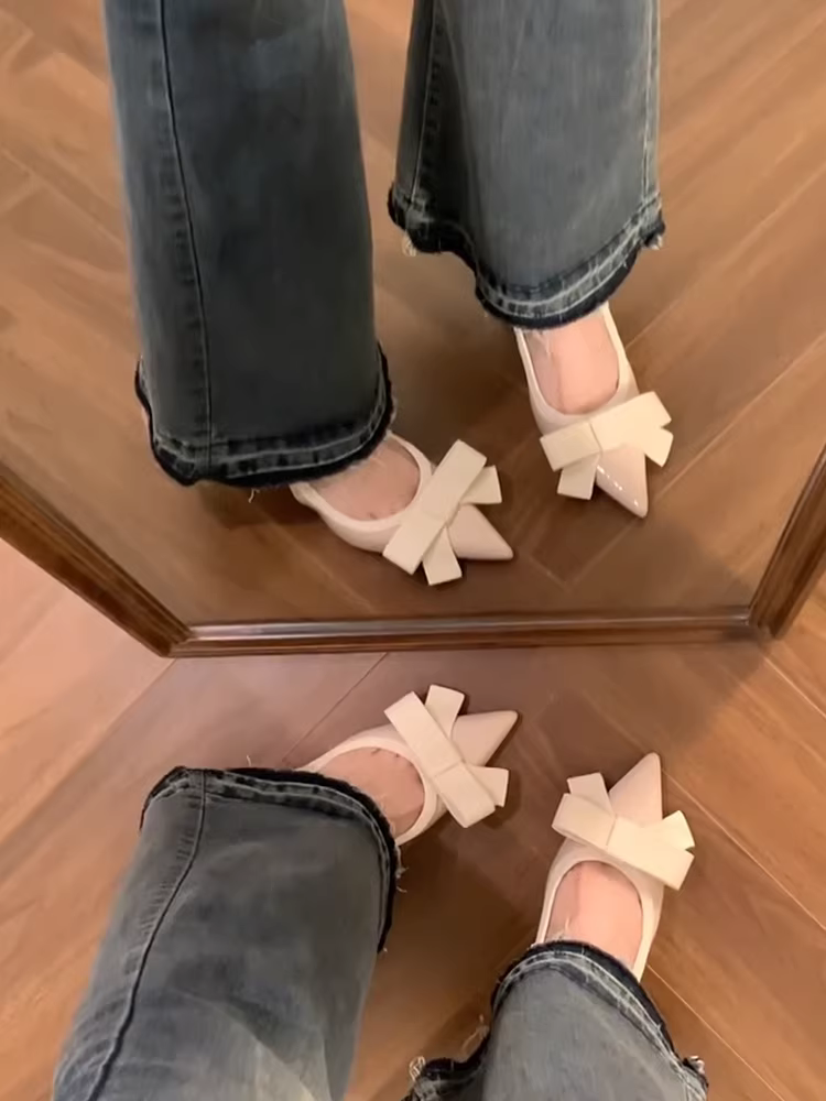 Phiên bản da cừu ~ Dép nông kiểu Pháp nhẹ nhàng dành cho nữ, giày đơn mũi nhọn kiểu nơ mới thanh lịch, giày cao gót kiểu quý tộc