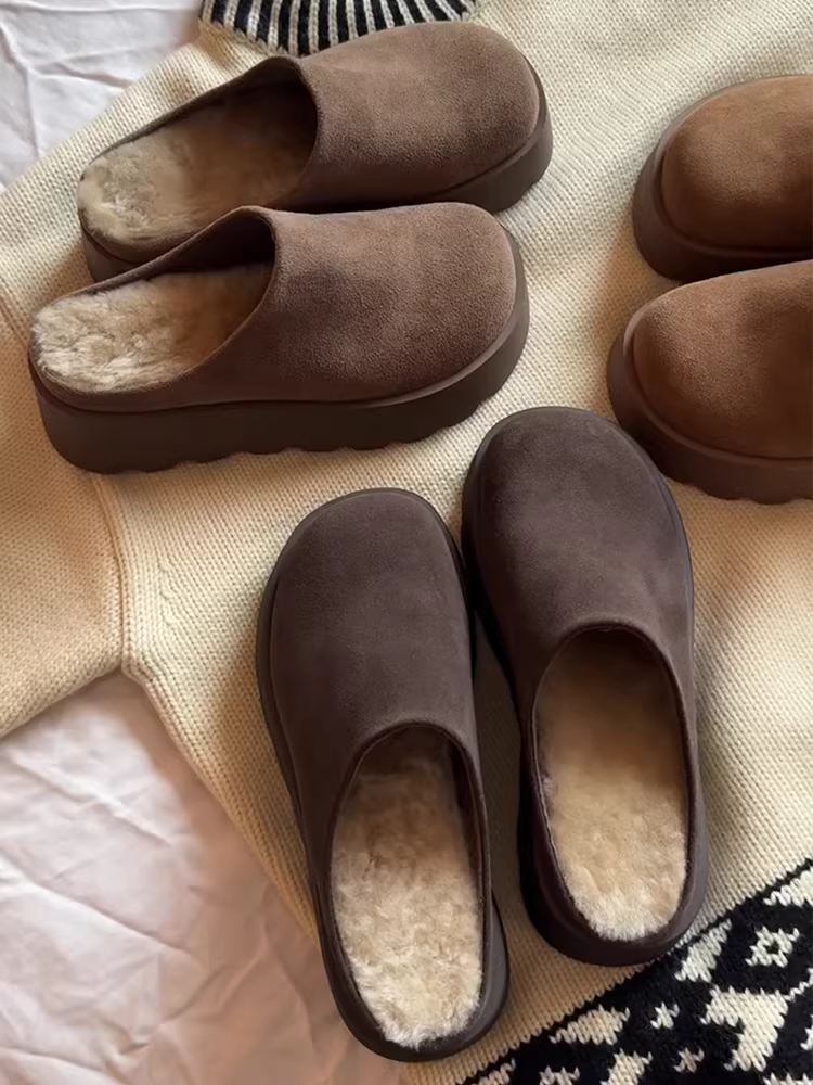 Phiên bản da bò ~ Giày Birkenstock da thật đế dày kiểu cổ điển dành cho nữ, giày nửa dép lông cừu lót lông tăng chiều cao đa năng bằng da lộn