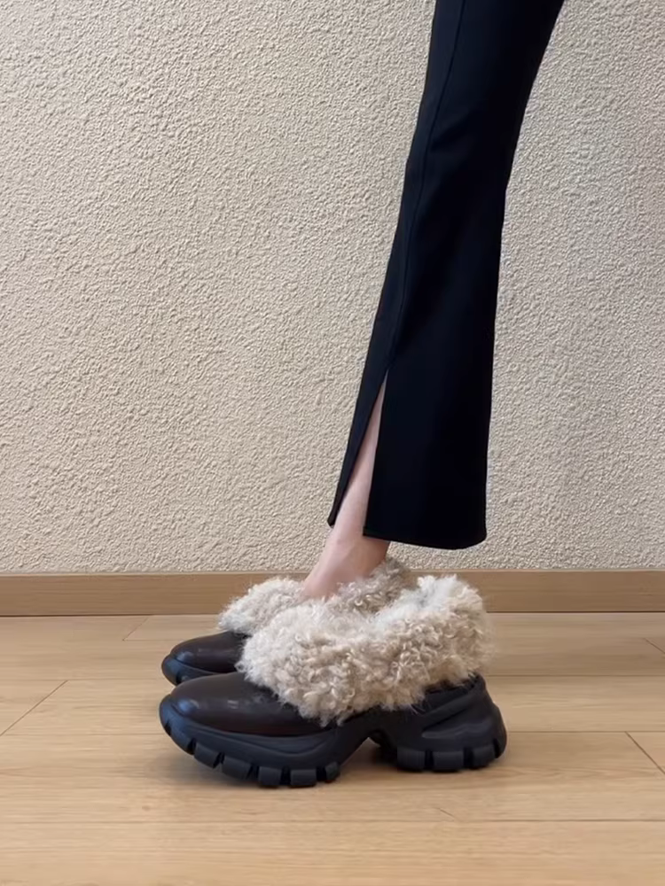 Phiên bản da cừu ~ Giày lông đế dày thời trang đi làm dành cho phụ nữ nhỏ nhắn, giày da thật kiểu dáng đơn giản, giày cotton da thật.