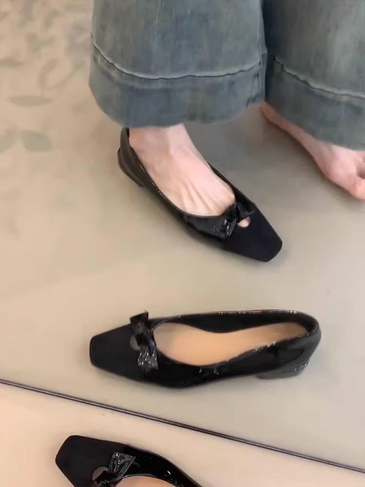 Phiên bản da cừu ~ Giày lười mũi vuông nông kiểu Pháp dành cho nữ, đa năng và dịu dàng, có nơ, gót dày, giày dạ hội bằng da thật.