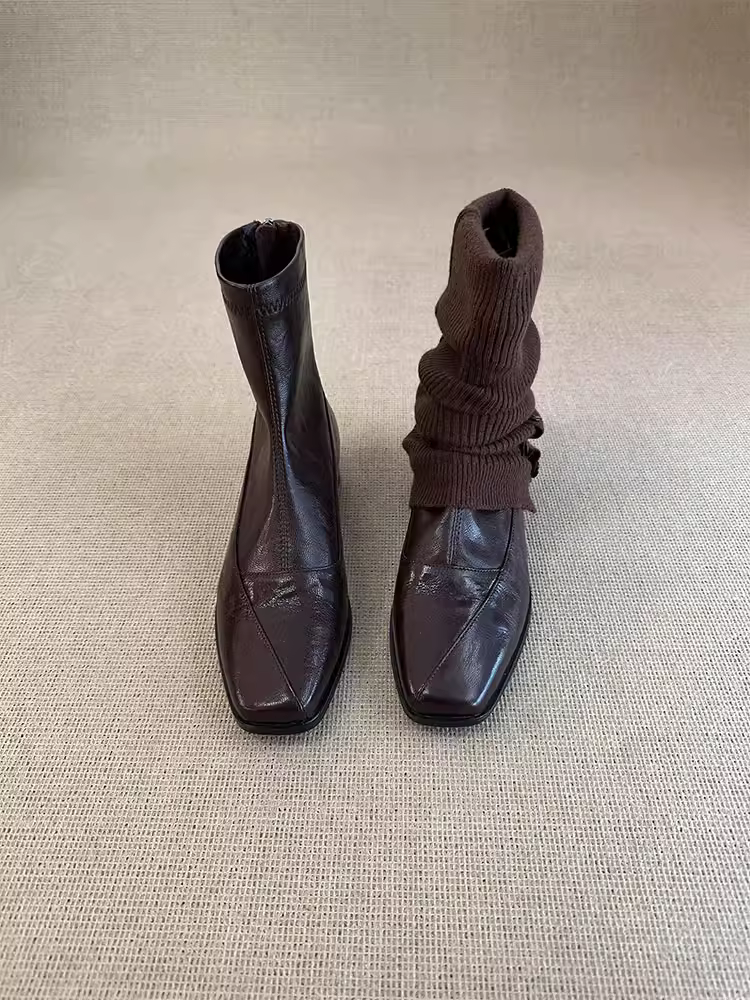 Phiên bản da bò ~ Giày bốt cổ ngắn đa năng mũi vuông bằng da thật tối giản dành cho nữ, giày bốt thon gọn có dây kéo phía sau kiểu cổ điển, giày bốt Martin.