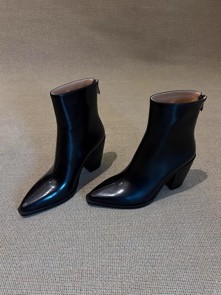 Phiên bản da bò ~ Giày bốt mỏng dành cho nữ, giày bốt đơn có khóa kéo phía sau bằng da thật cao gót kiểu cổ điển, mũi nhọn, gót dày thanh lịch, bốt ngắn phong cách Anh.