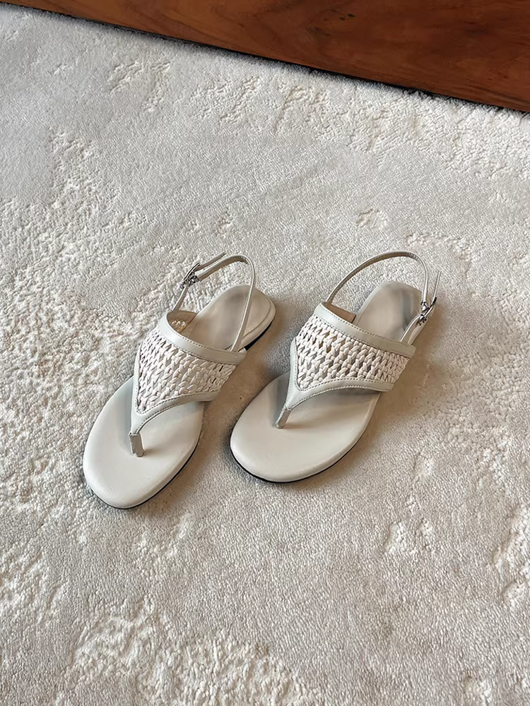 Phiên bản da cừu~ Dép lưới dệt tối giản kiểu Pháp dành cho nữ, kiểu hở mũi, mũi tròn, đế bằng, dép kiểu nghỉ dưỡng cho mùa hè.