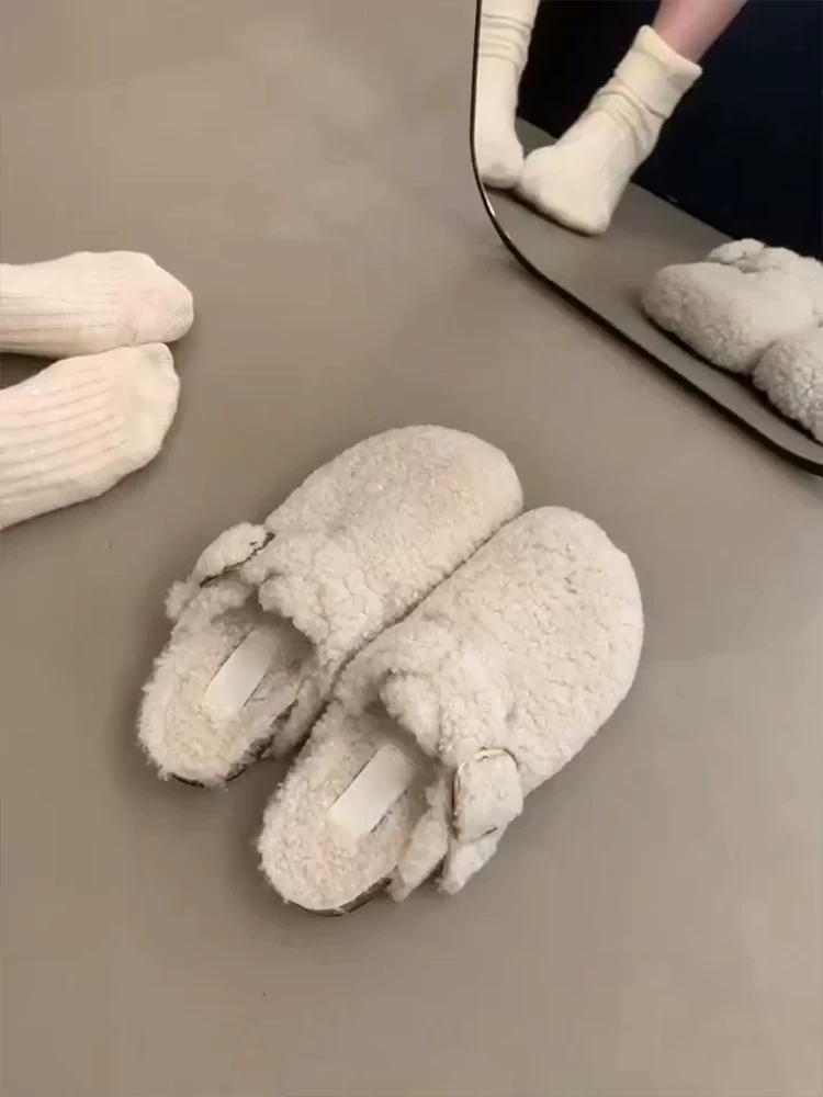 Phiên bản da cừu ~ Giày Birkenstock đế bằng tích hợp lông thú kiểu Pháp dành cho nữ, kiểu lười có khóa thắt lưng, kiểu nửa mules lót lông cừu, giày mũi kín dành cho mùa đông.