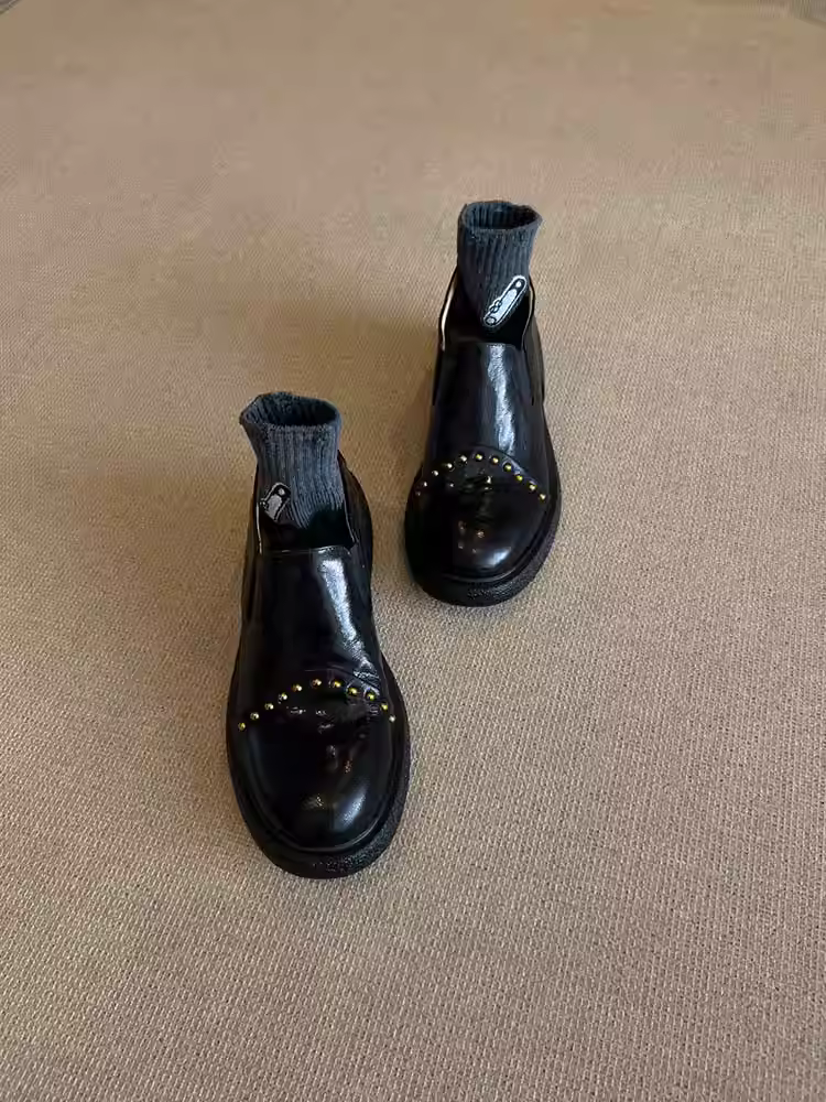 Phiên bản da cừu ~ Giày da nhỏ kiểu Anh dành cho nữ, giày lười đế dày bằng da thật có đế dày, kiểu dáng xỏ ngón, cổ sâu, có dây thun.