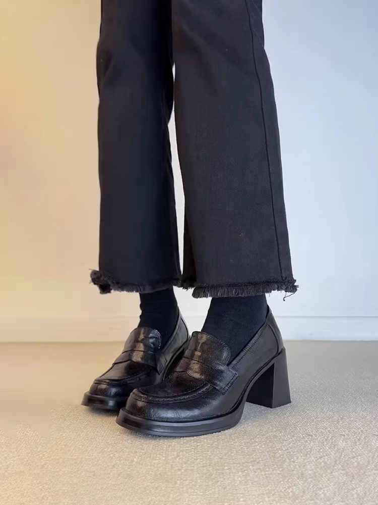 Phiên bản da cừu ~ Giày lười da thật dành cho nữ, giày lười màu đen cổ điển, giày cao gót thanh lịch để đi làm, giày da nhỏ đa năng