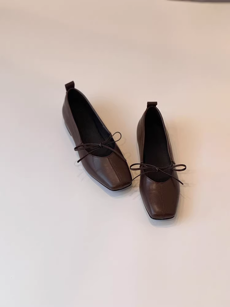 Phiên bản da cừu ~ giày lười buộc dây đa năng dành cho nữ, giày đế bằng mũi vuông, giày ba lê thoải mái miệng nông