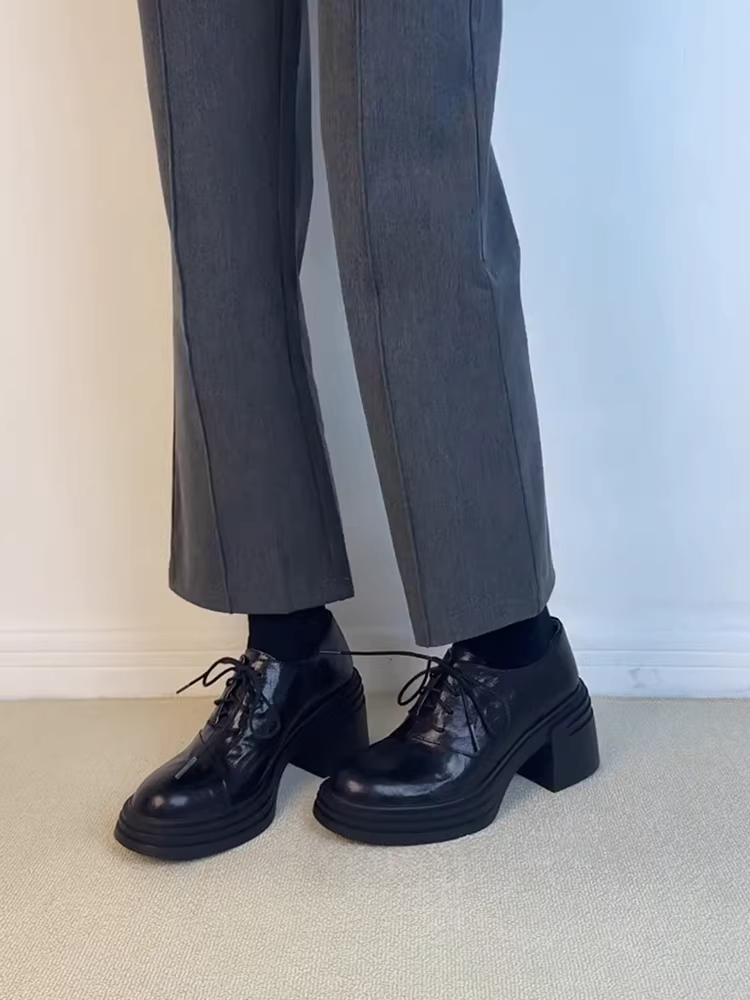 Phiên bản da cừu ~ Giày da cao cấp cắt sâu dành cho nữ, đế dày, giày lười cao gót nhỏ nhắn, giày đơn buộc dây phong cách Anh.