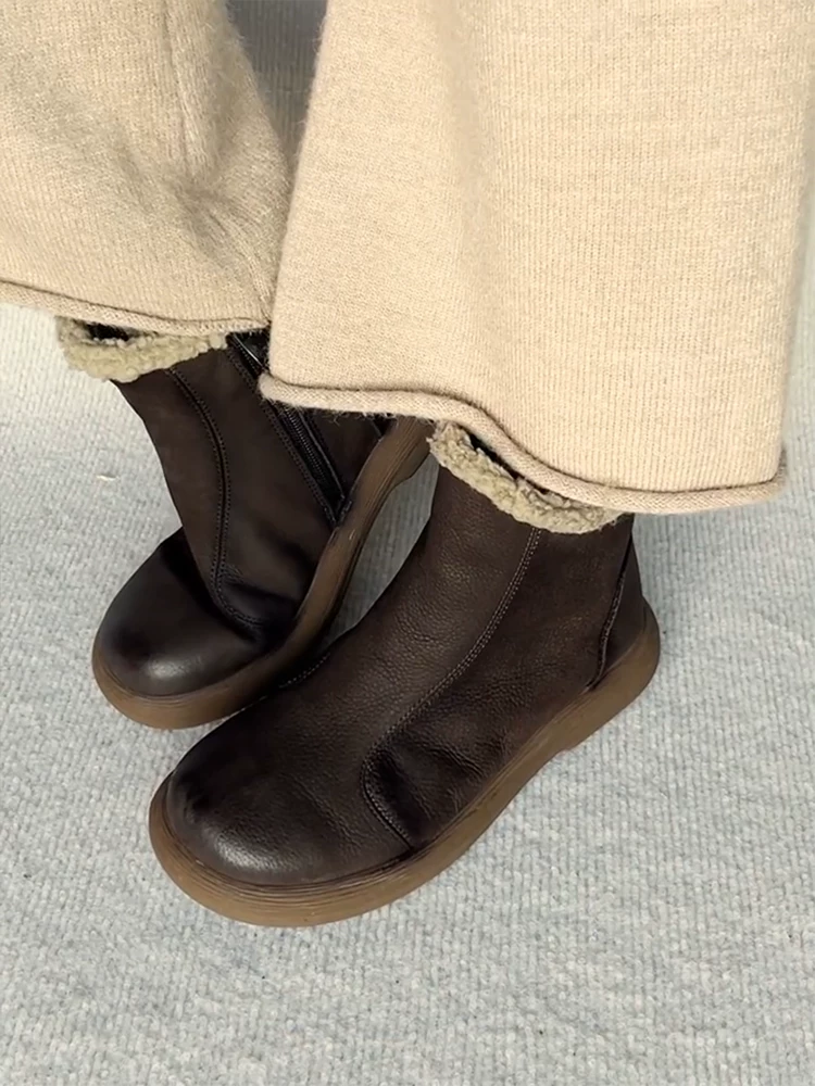 Phiên bản da bò ~ Giày bốt Birkenstock da thật đế mềm có lớp lót lông cừu giữ ấm, bốt ngắn có khóa kéo bên hông, bốt cotton đế dày mũi tròn đa năng dành cho nữ.