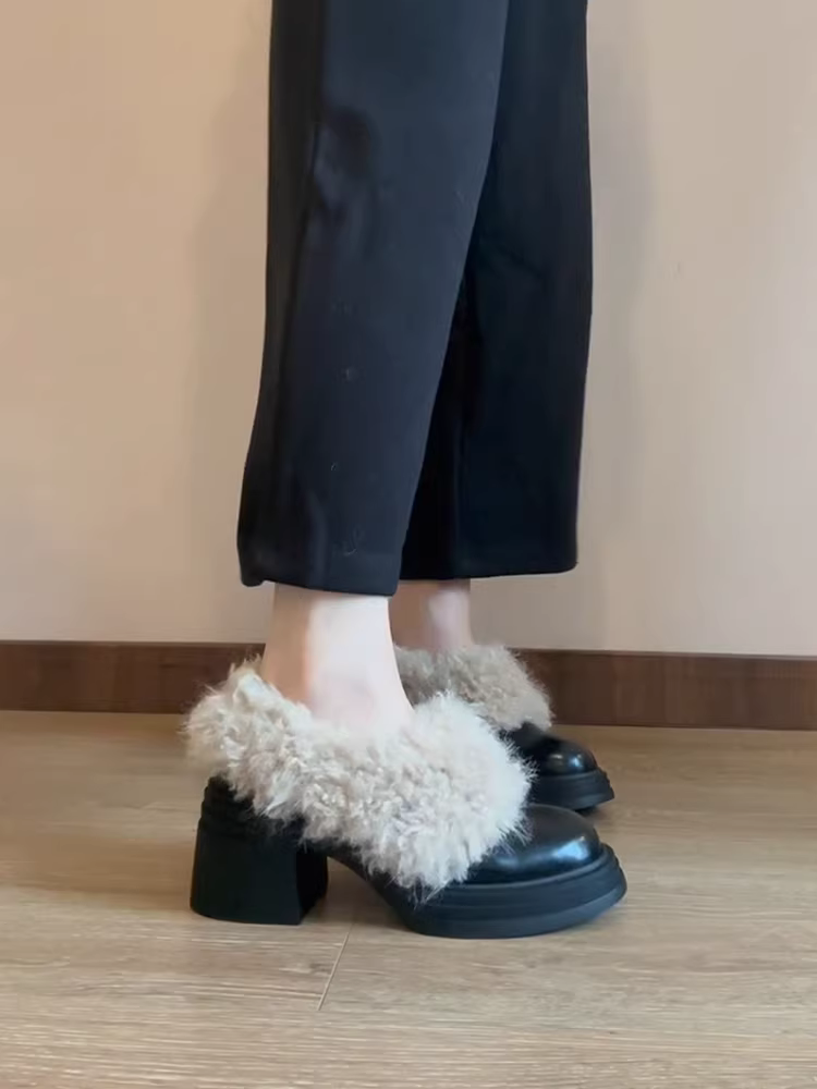 Phiên bản da cừu ~ Giày cao gót đế chống thấm nước, giày lông cổ điển dành cho nữ, giày đế dày, giày bốt cotton ấm áp lót lông cừu, giày da nhỏ