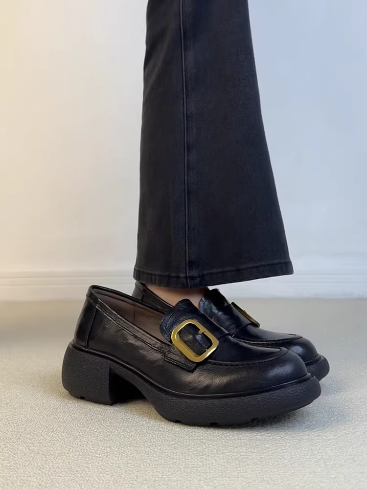 Phiên bản da cừu ~ Giày lười kiểu cổ điển hoa trà đa năng dành cho nữ với gót dày, giày da đế dày thoải mái để đi làm