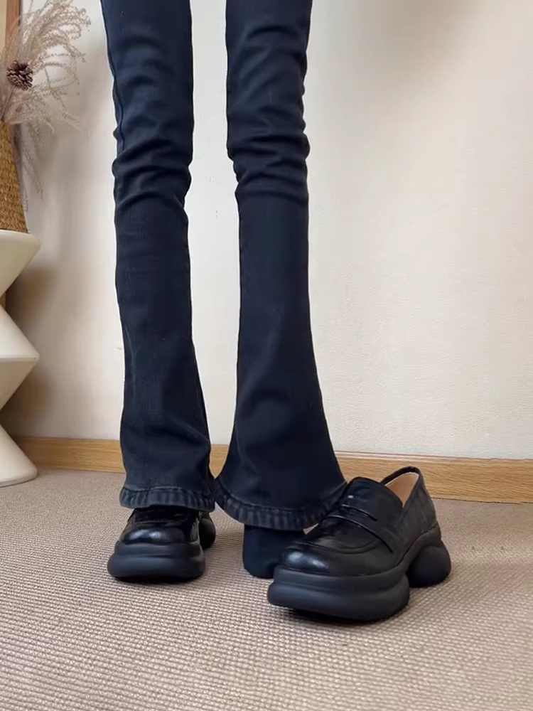 Phiên bản da cừu ~ Giày da đế bệt kiểu cổ điển dành cho nữ, giày đế dày mũi tròn, giày đơn kiểu thể thao bằng da thật