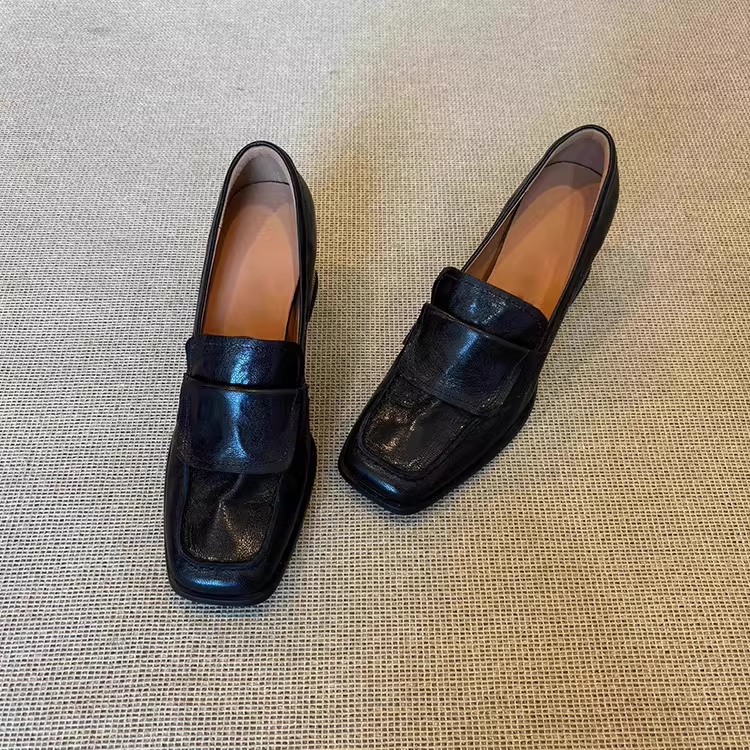 Phiên bản da cừu ~ Giày da thật mũi vuông kiểu cổ điển nghệ thuật dành cho nữ, giày cao gót đi làm, giày lười đế dày