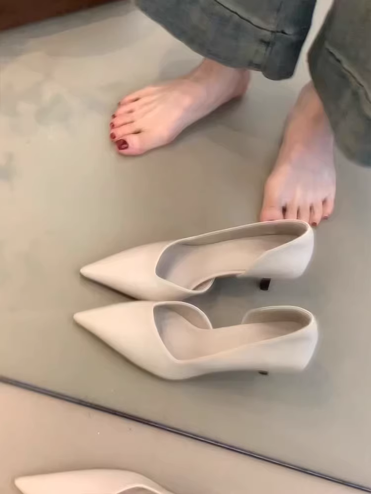 Phiên bản da cừu ~ Giày cao gót mũi nhọn kiểu Pháp dành cho nữ, gót nhọn, đa năng khi đi làm, kiểu lười, giày đơn miệng nông đa năng.