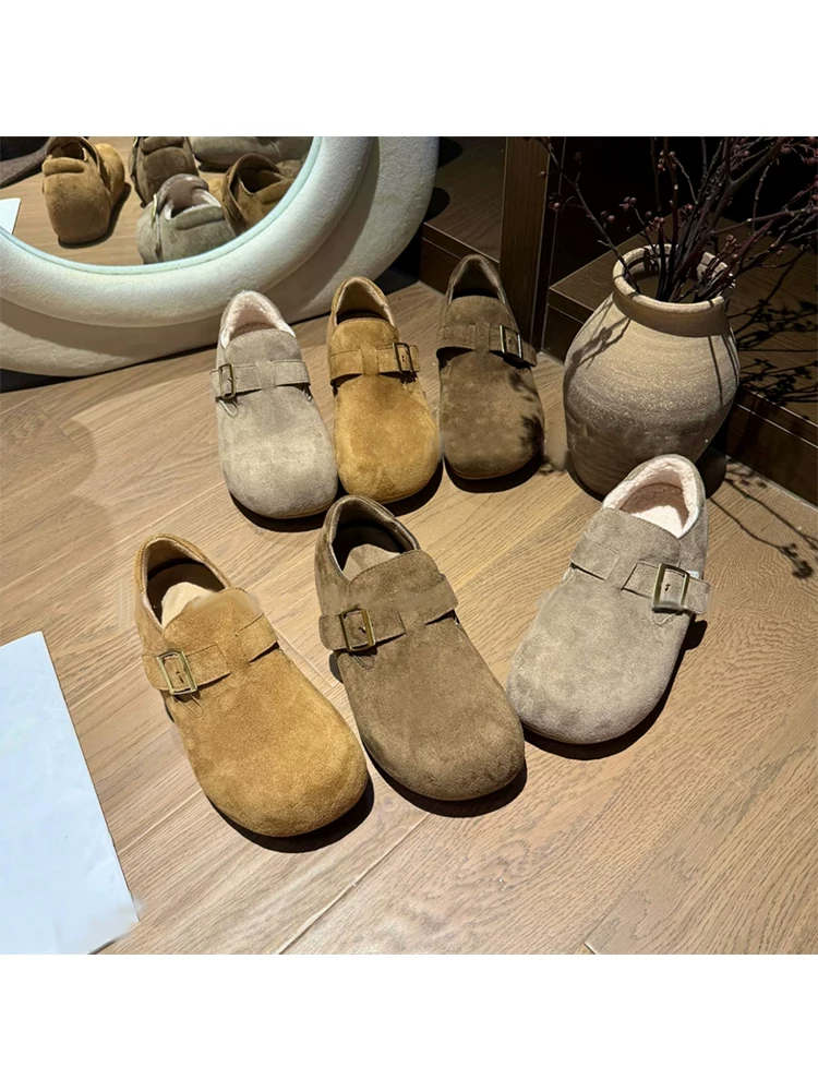 Phiên bản da cừu ~ Giày Birkenstock đế dày siêu mềm tăng chiều cao 6cm dành cho nữ, khóa thắt lưng cổ điển, giày đơn lót lông cừu cắt sâu