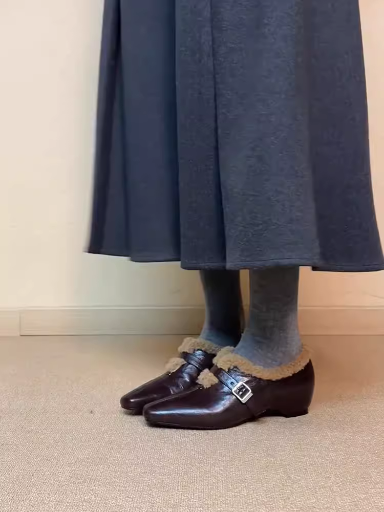 Phiên bản da cừu ~ Giày đơn mũi nhọn kiểu Pháp thanh lịch tăng chiều cao dành cho nữ, giày lông xù kiểu lười, giày đế bằng lót lông cừu ấm áp.