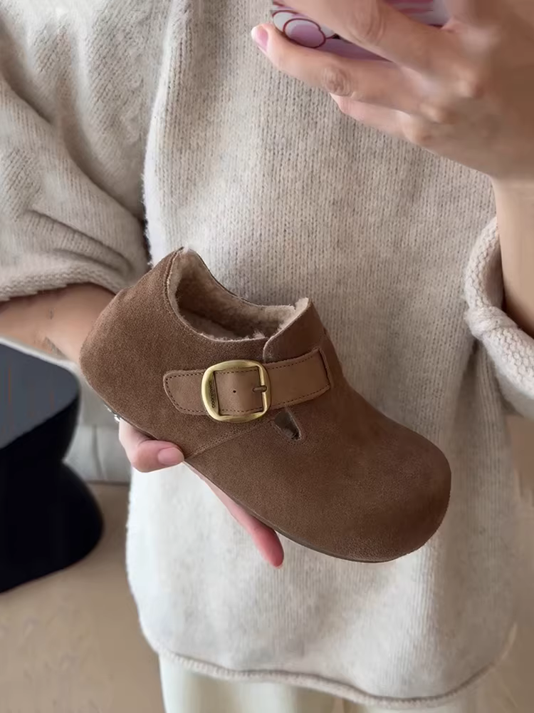 Phiên bản da cừu ~ Giày Birkenstock miệng sâu đa năng tăng chiều cao kiểu dáng mới dành cho nữ, đế dày, lót lông cừu, giày thường ngày bằng da lộn ấm áp mùa đông