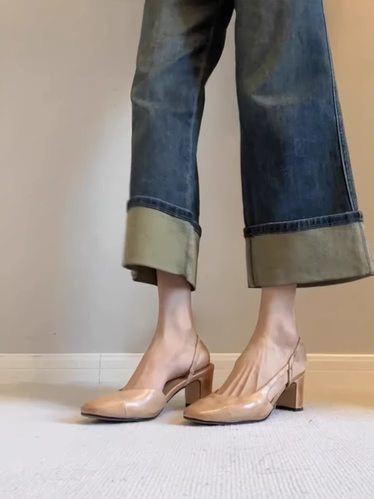 Phiên bản da cừu ~ Giày sandal cao gót kiểu dáng cổ điển kiểu Pháp dành cho nữ, mũi tròn, quai sau, giày mũi kín bằng da thật