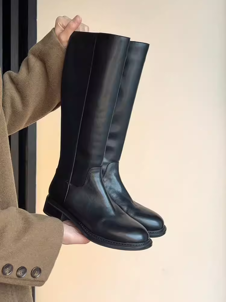 Phiên bản da bò ~ Giày bốt cao gót kiểu cổ điển kiểu Pháp dành cho nữ, bốt cao quá đầu gối màu đen, bốt cưỡi ngựa thon gọn và đa năng.