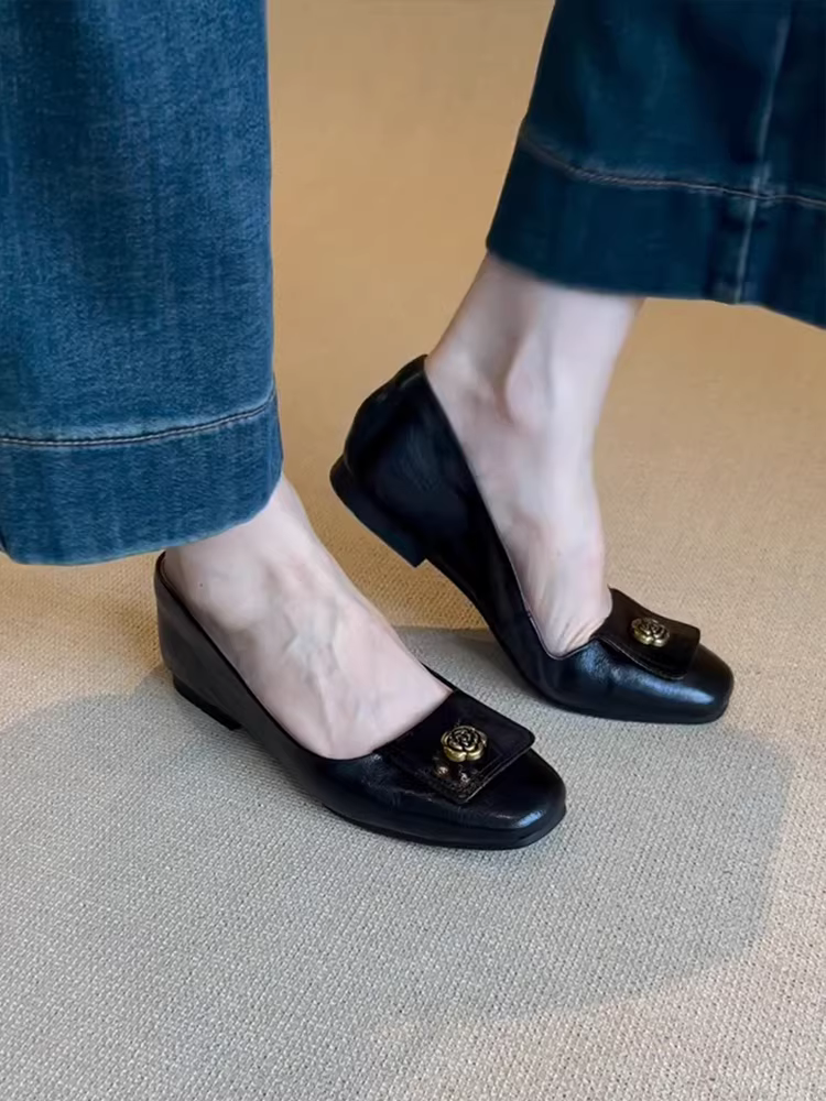 Phiên bản da cừu ~ Giày Mary Jane kiểu dáng đơn giản kiểu Pháp cổ điển dành cho nữ, giày đế bằng da thật nông