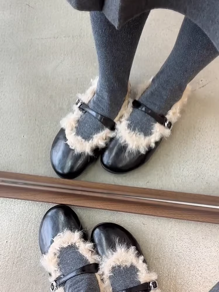 Phiên bản da cừu ~ Giày Mary Jane đế bằng da thật kiểu Pháp dành cho nữ, giày lông thú đa năng mũi tròn nông kiểu cổ điển