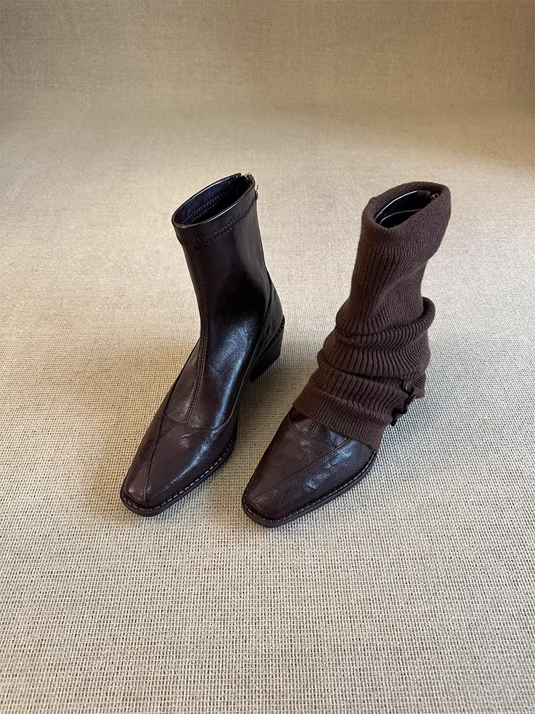 Phiên bản da bò ~ Giày bốt ngắn gót vuông mũi vuông thanh lịch và tôn dáng dành cho nữ có khóa kéo phía sau, da thật, bốt thon gọn co giãn đơn giản và thời trang.
