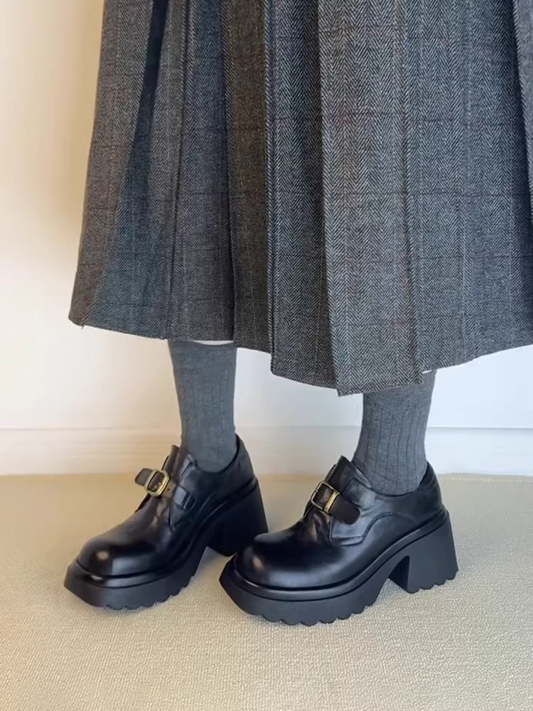 Phiên bản da cừu ~ Giày lười đế dày tăng chiều cao bằng da thật dành cho nữ có khóa thắt lưng, giày đi làm cao gót cổ điển, giày da nhỏ.