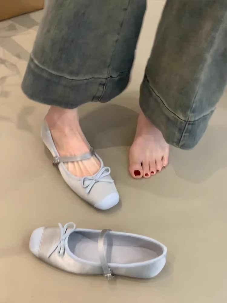 Phiên bản da cừu ~ Giày Mary Jane đế bằng kiểu Chanel dành cho nữ, mẫu mới có nơ, khí chất dịu dàng, giày mũi vuông