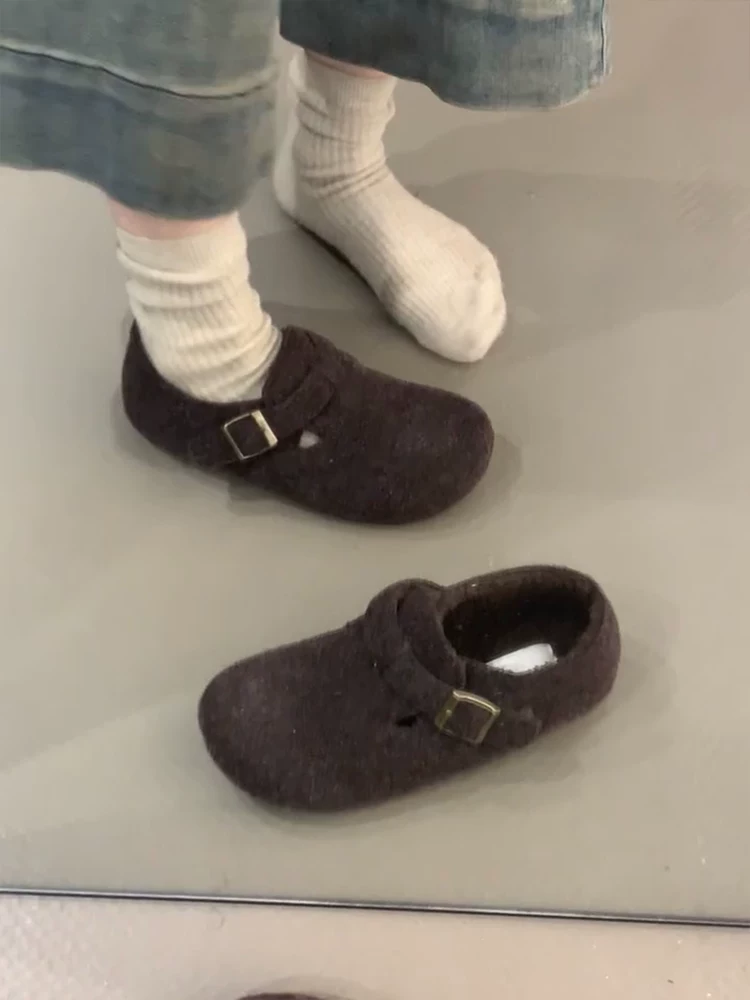 Phiên bản da cừu ~ Giày Birkenstock bọc toàn bộ bằng lông cừu kiểu mới dành cho nữ, giày cotton ấm áp đế phẳng kiểu cổ điển, giày đơn thoải mái, thời trang và giản dị.