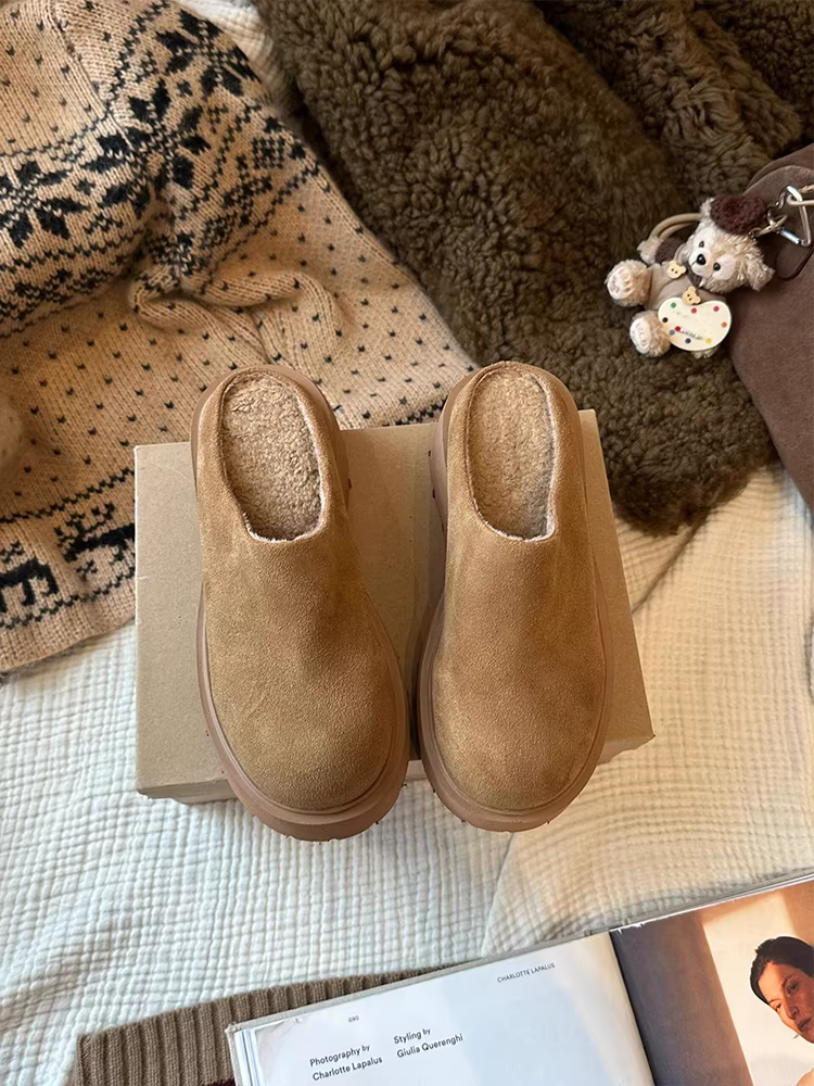 Phiên bản da bò ~ Giày Birkenstock da thật đế dày kiểu cổ điển dành cho nữ, giày nửa dép lông cừu lót lông tăng chiều cao đa năng bằng da lộn