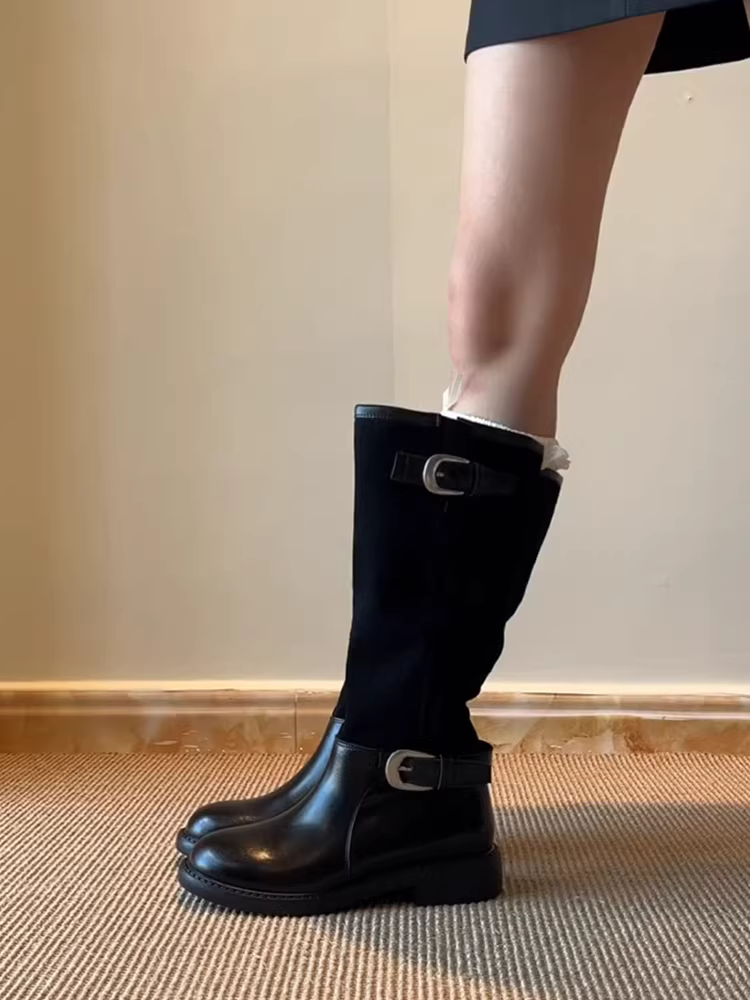Phiên bản da bò ~ Giày bốt da thật đa năng kiểu phương Tây dành cho nữ, kiểu Anh, ống rộng, dài, kiểu dáng thon gọn, gót thấp, thích hợp đi cưỡi ngựa
