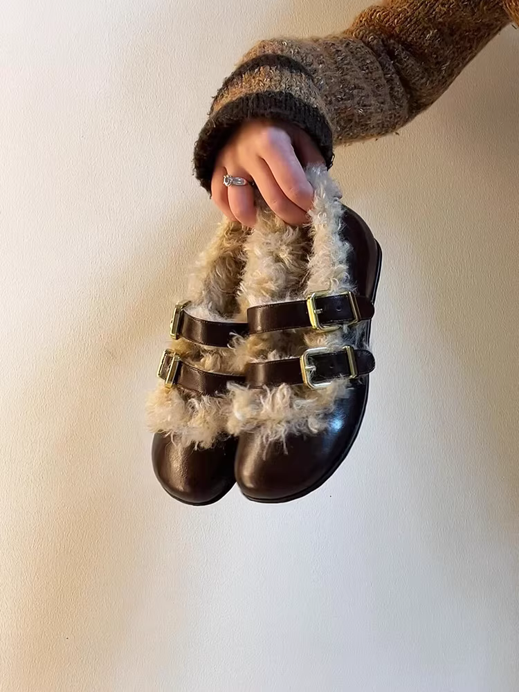 Phiên bản da cừu ~ Giày Mary Jane đế bằng da thật kiểu Pháp có khóa đôi dành cho nữ, giày đế bằng ngoài trời ấm áp bằng len cừu