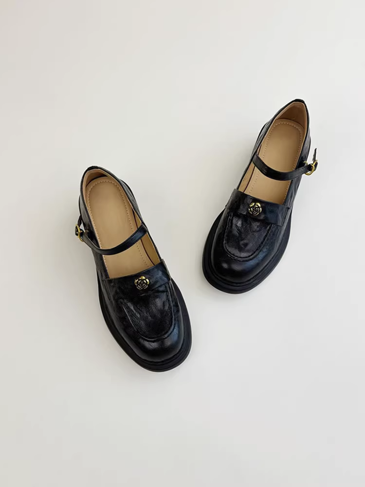 Phiên bản da cừu ~ Giày lười đế dày có gót dày một dây phong cách cổ điển dành cho nữ, giày da đi làm mũi tròn hoa trà đa năng