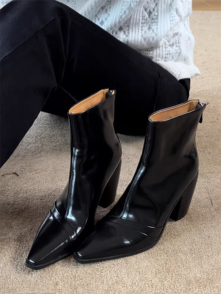 Phiên bản da bò~ Giày bốt cao gót da thật kiểu Pháp thanh lịch dành cho nữ, bốt ngắn cổ điển có khóa kéo phía sau, bốt Chelsea tôn dáng.