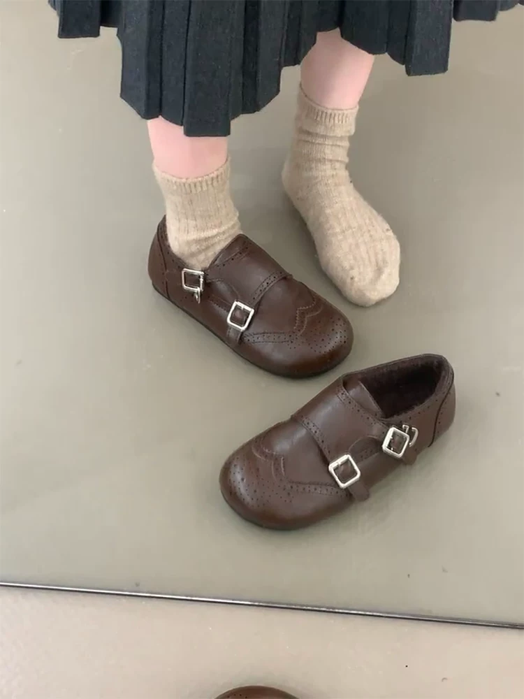 Phiên bản da cừu ~ Giày lười da thật phong cách cổ điển dành cho nữ với quai khóa đôi, kiểu dáng khoét sâu, lót lông cừu, giày da đế bằng kiểu lười