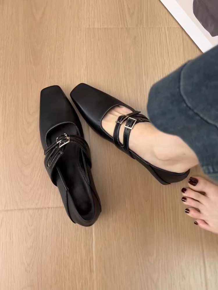 Phiên bản da cừu ~ Giày Mary Jane da thật đế thấp đi làm dành cho nữ, giày đơn màu đen mũi vuông nông cổ điển, kiểu dáng đa năng