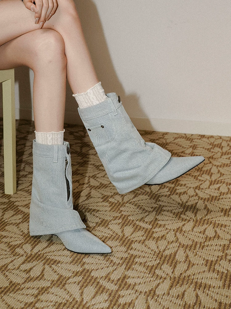 Pear Xiaoqi~ Giày bốt denim xanh mới thời trang cá tính phong cách đường phố hot girl kiểu bootcut mũi nhọn khóa kéo thời trang nữ
