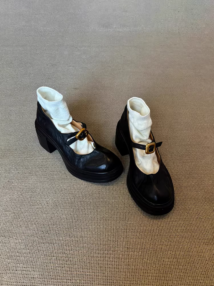 Phiên bản da cừu ~ Giày da nhỏ mũi tròn đế dày đa năng phong cách Anh dành cho nữ, giày Mary Jane có dây đeo cổ điển có dây đeo cổ điển kiểu Mary Jane