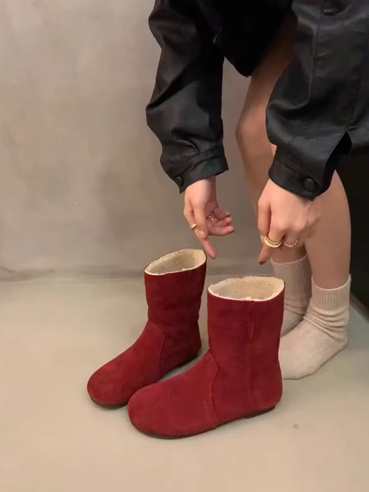 Phiên bản da bò ~ Giày bốt da lộn màu đỏ cổ điển đa năng, thanh lịch dành cho nữ, giày bốt ngắn kiểu Birkenstock đế bằng, lót lông cừu giữ ấm mùa đông