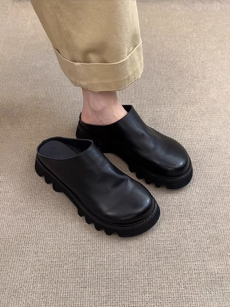 Phiên bản da cừu ~ Giày mule mũi rộng đế dày dành cho nữ, giày Birkenstock kiểu retro bằng da thật dành cho nữ, giày mũi kín kiểu slip-on để đi ngoài trời