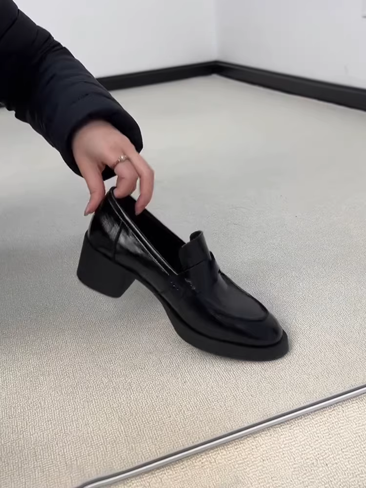 Phiên bản da cừu ~ Giày lười đế dày phong cách Anh quốc bằng da thật tối giản dành cho nữ, giày da nhỏ mũi tròn đa năng, kiểu dáng dễ mang