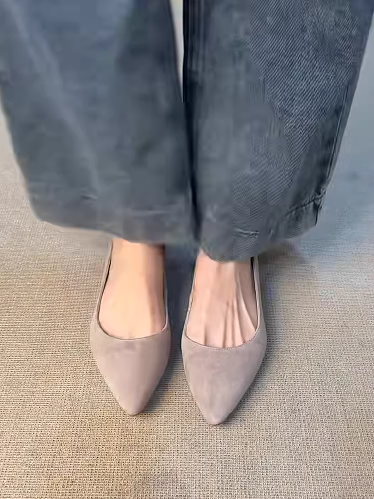 Phiên bản da cừu ~ Giày mũi nhọn nông bằng da lộn thật dành cho nữ, giày công sở tăng chiều cao theo phong cách retro thời trang để đi làm