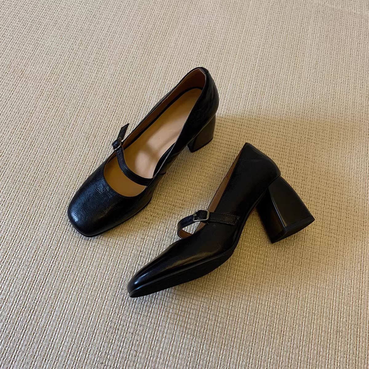 Phiên bản da bò ~ Giày cao gót cổ điển màu đen dành cho nữ, giày Mary Jane kiểu Pháp, giày đế bệt gót thô bằng da thật, giày da nhỏ kiểu Anh JK