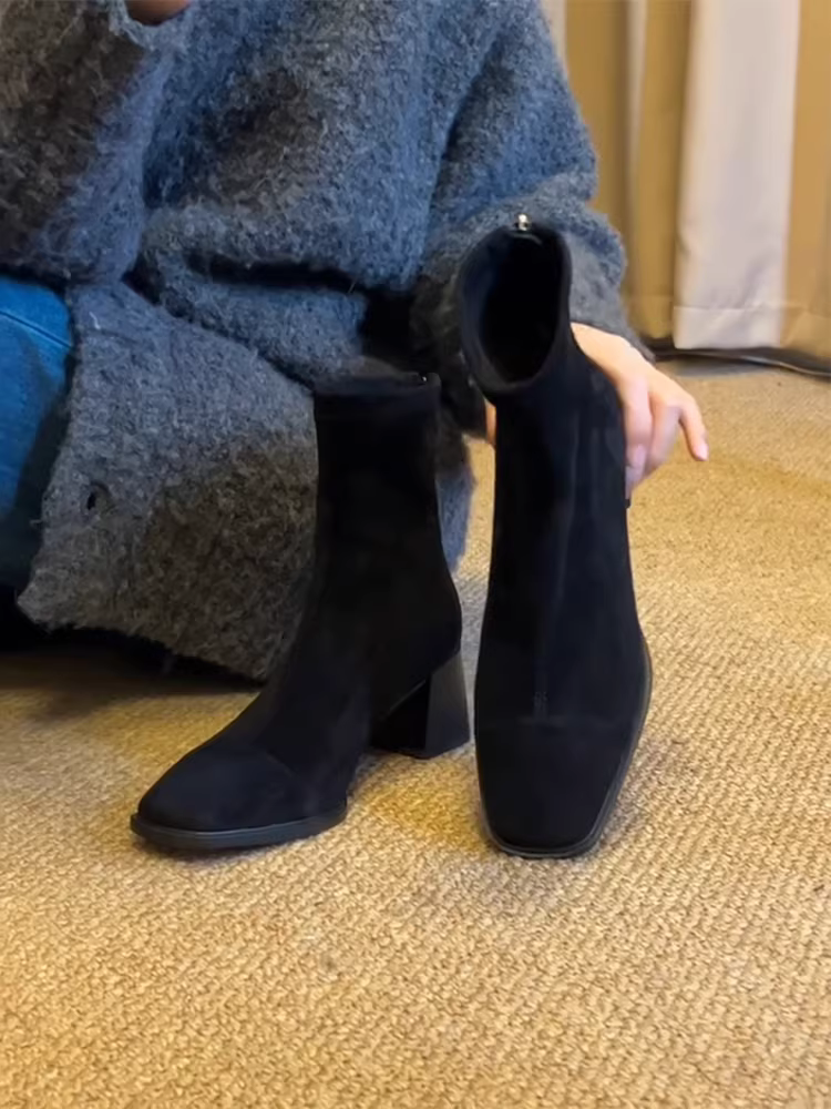 Phiên bản da bò ~ Giày bốt ngắn mũi vuông đơn giản, thanh lịch, da thật dành cho nữ, giày bốt cao gót có khóa kéo phía sau bằng da lộn kiểu cổ điển, giày bốt ôm dáng co giãn