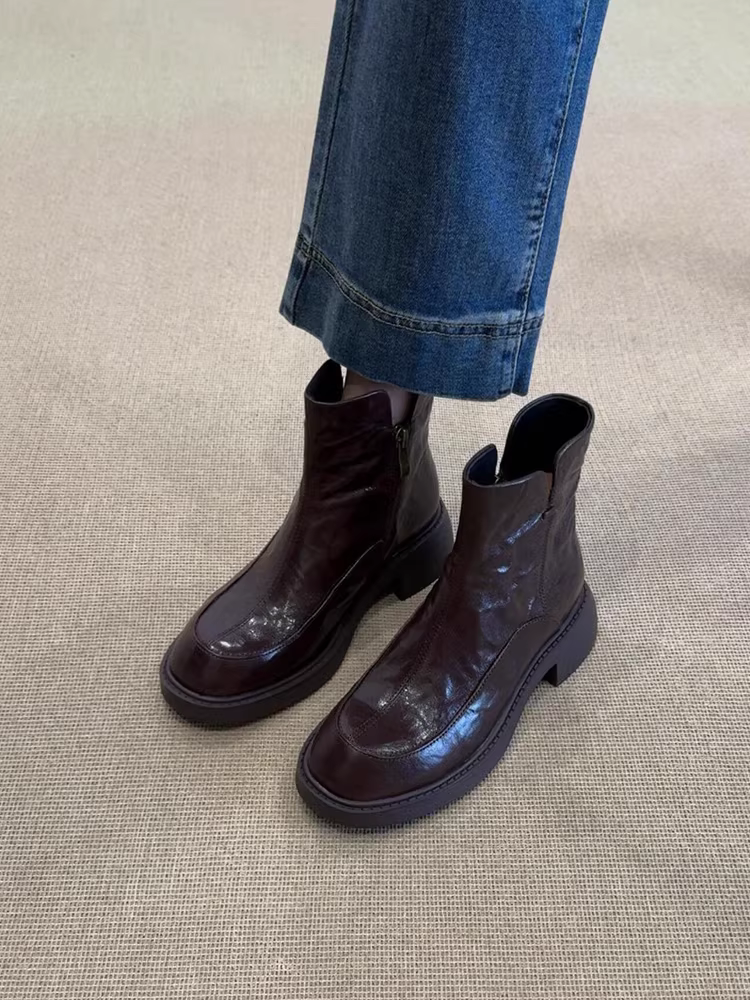 Phiên bản da bò~ Giày bốt Martin đơn giản bằng da thật kiểu Anh dành cho nữ có khóa kéo bên hông, gót thấp, mũi tròn, giày bốt ngắn đi làm thông thường đa năng