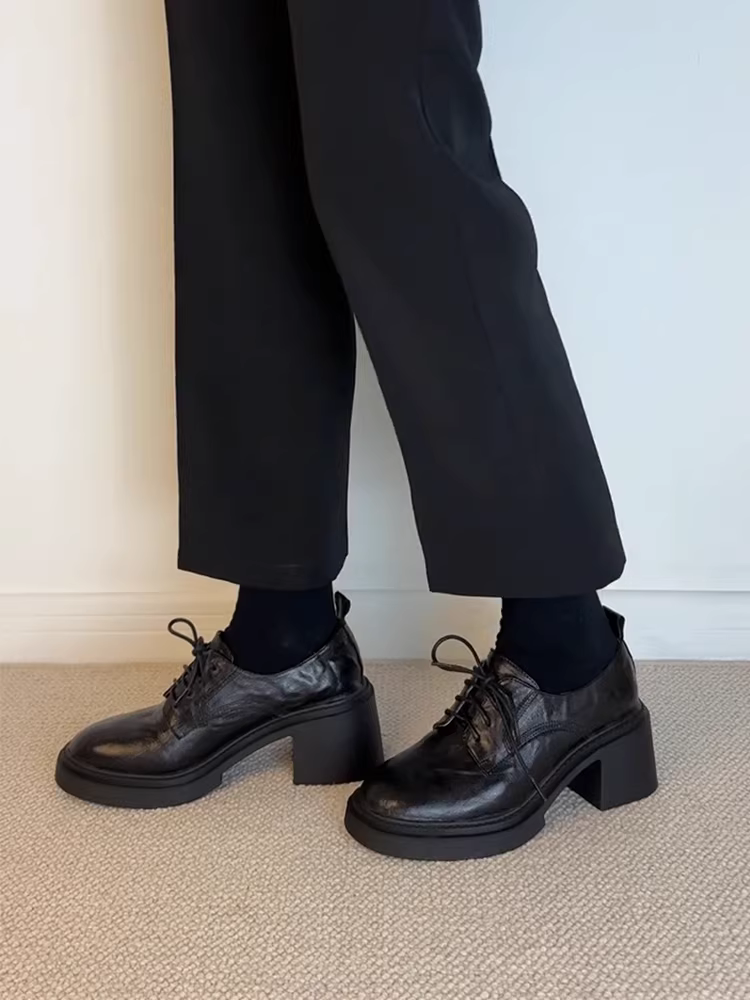 Phiên bản da bò~ Giày lười cao gót đế dày phong cách retro kiểu Anh dành cho nữ, giày da buộc dây mũi tròn tăng chiều cao đa năng