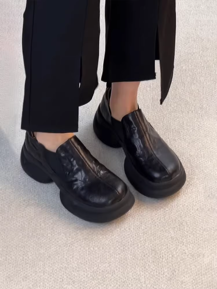 Phiên bản da cừu ~ Giày da cổ điển đế dày tăng chiều cao dành cho nữ, đế đế cao, giày lười cắt sâu, giày lười kiểu Anh