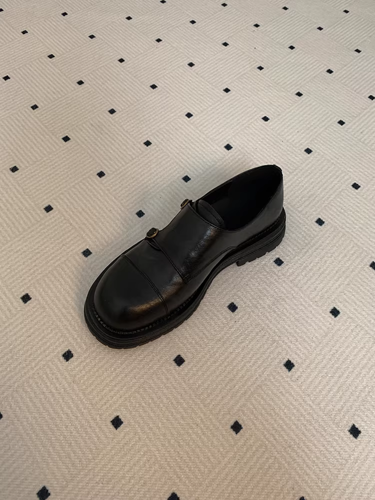 Phiên bản da cừu~ Giày lười da thật kiểu Anh dành cho nữ, giày da nhỏ đế dày mũi tròn màu đen đa năng, thời trang có quai đôi